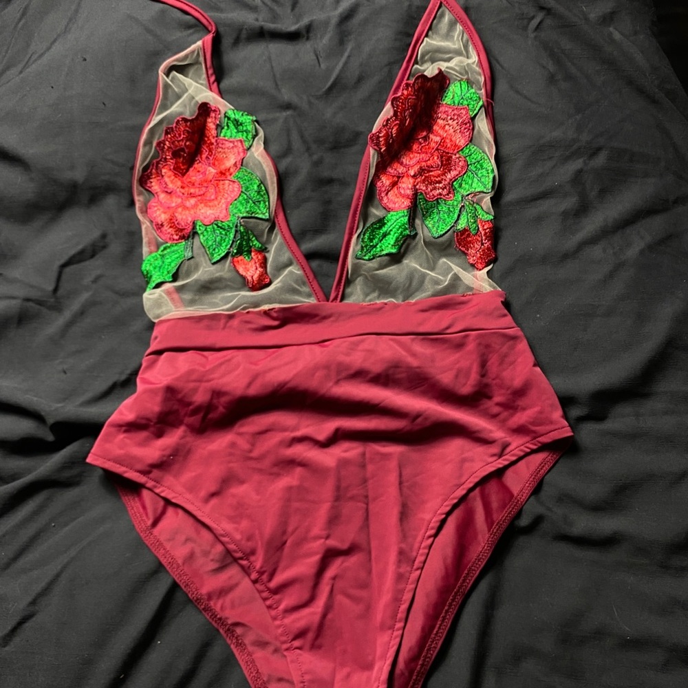embroidered rose swimsuit in burgandy